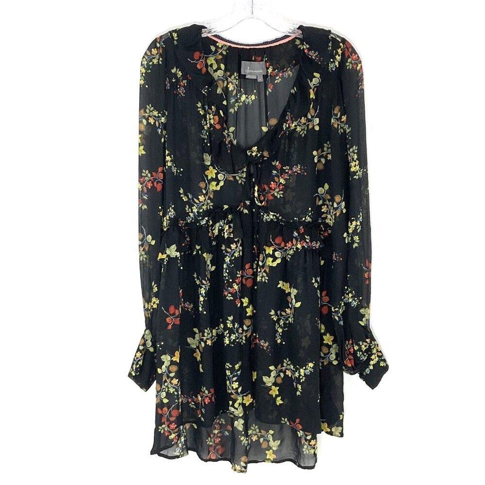 Anthropologie Dress Women M Black Floral Button Up Ruffle Long Sleeve Romantic